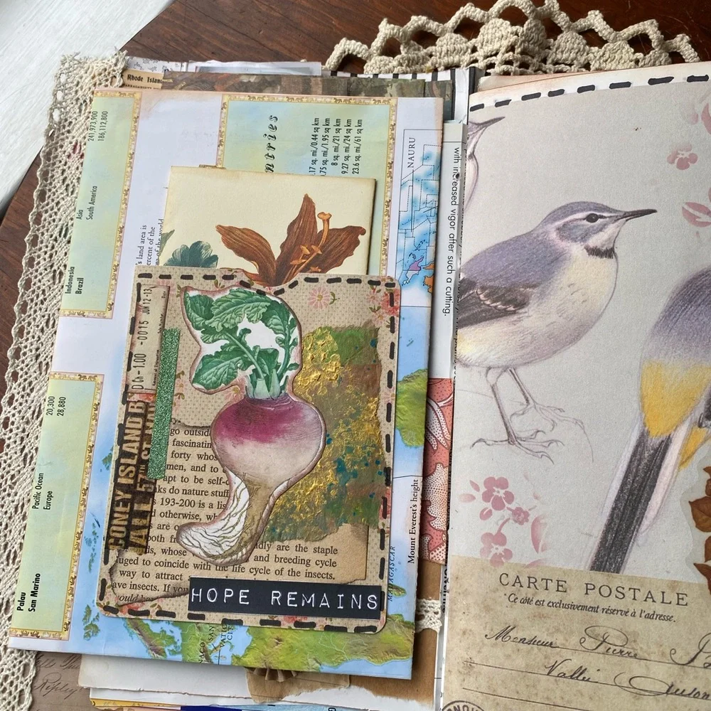NWT Vintage Hand Crafted Mixed Media Lady & Birds Art in Green and Brown